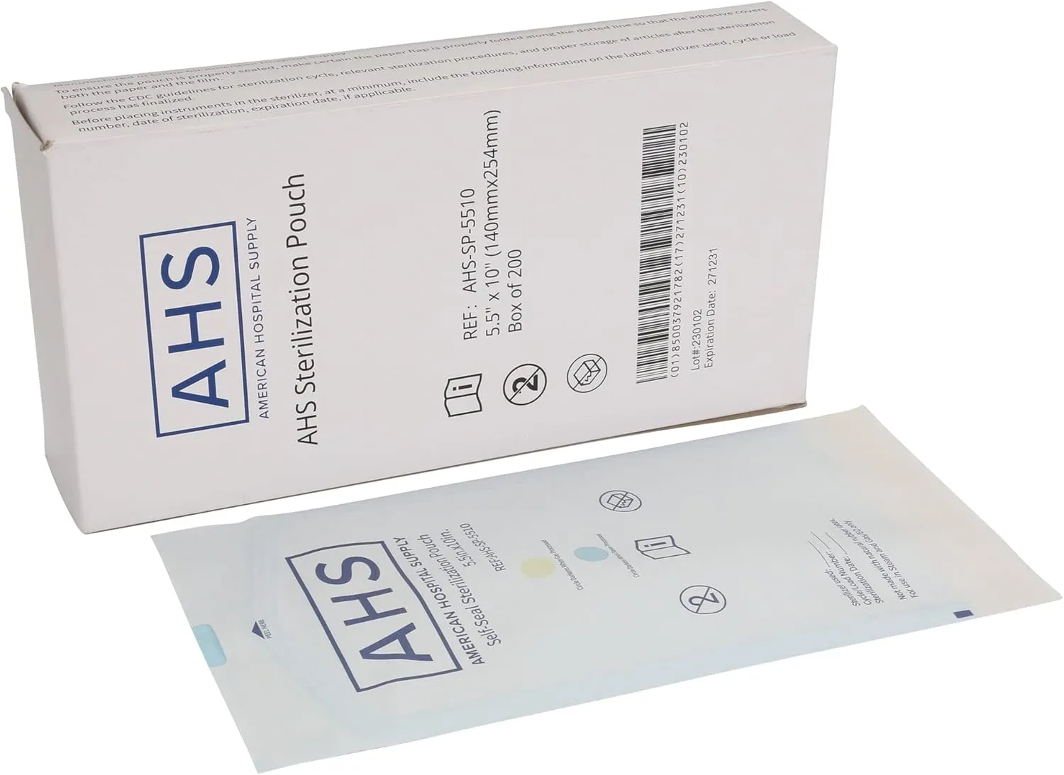 AHS American Hospital Supply Medical Sterilization Pouches Sterilizer Bags with Self Seal Color Coded Indicators Autoclave Pouches | Box of 200 Pack (5.5 in. x 10 in)