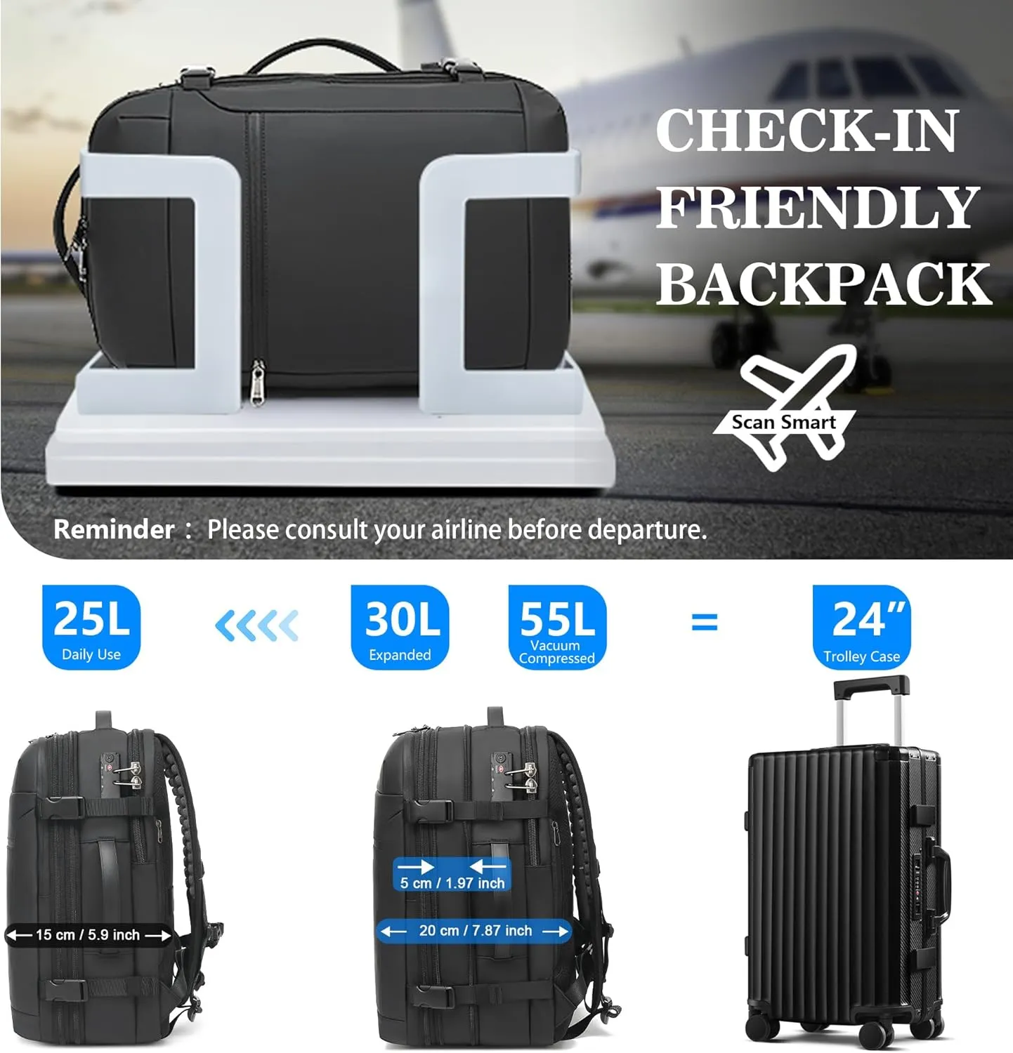 Airback Vacuum Seal Compression Travel Backpack 60L Expandable, Vacpack Spacevac Backpack Water Resistant TSA Lock Airbag without Vacuum Pump, Black