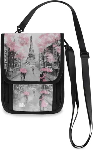ALAZA Art Paris Eiffel Tower Small Crossbody Wallet Purse Pink Cherry Blossom France Cell Phone Bag Rfid Passport Holder with Credit Card Slots
