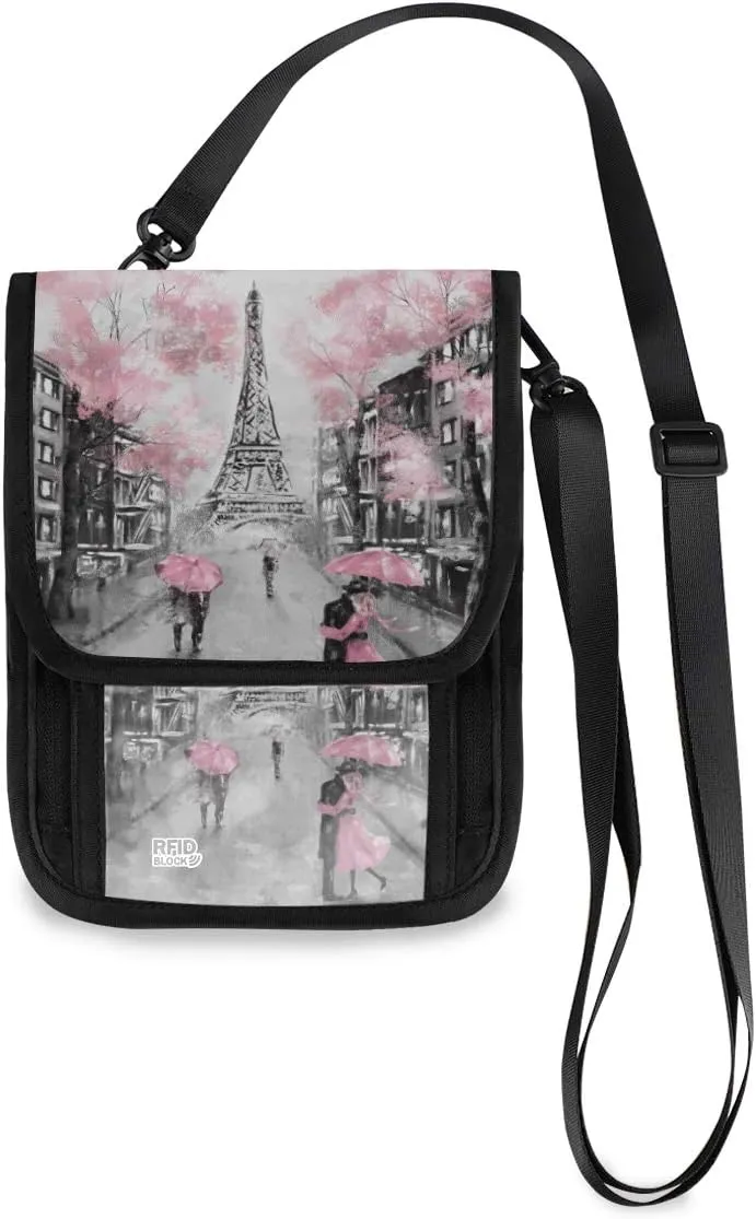ALAZA Art Paris Eiffel Tower Small Crossbody Wallet Purse Pink Cherry Blossom France Cell Phone Bag Rfid Passport Holder with Credit Card Slots