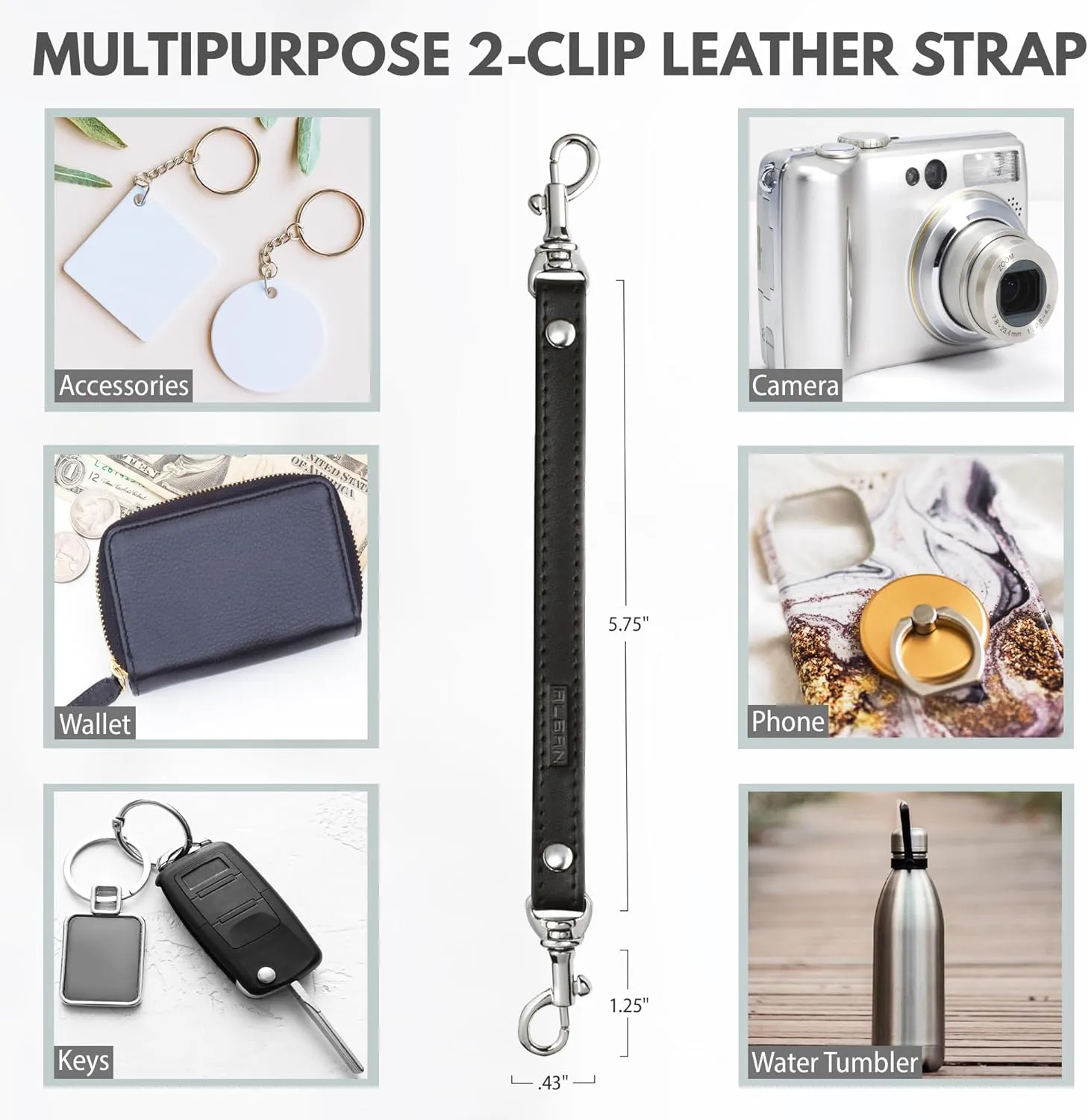 Alban Leather 2-Clip Strap for Wallet, Clutch, Wristlet Purse, Keys, Keychain for Women and Men