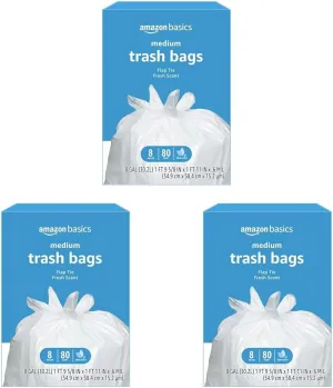 Amazon Basics 8 Gallon Flap Tie Trash Bags, 80 Count Fresh Scent (Pack of 3)