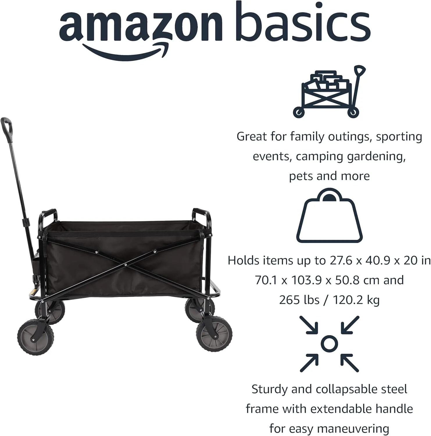 Amazon Basics Collapsible Folding Heavy Duty Utility Wagon for Outdoor Sports, 265 pounds Weight Capacity, Camping, Garden, and Shopping, 27.6 H x 40.9 W x 20 D inches, Black