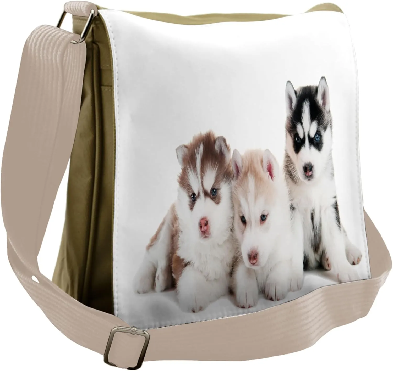 Ambesonne Alaskan Malamute Messenger Bag, Puppy Friends, Unisex Cross-body