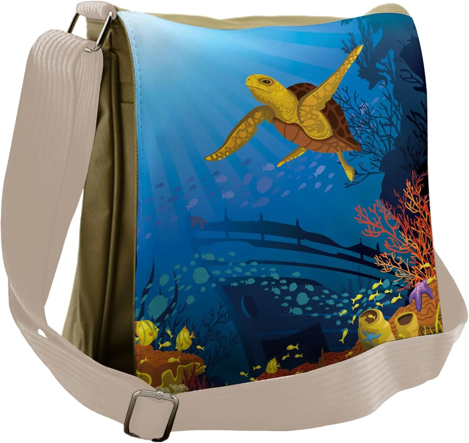 Ambesonne Ocean Messenger Bag, Coral Reef Fish Turtle, Unisex Cross-body