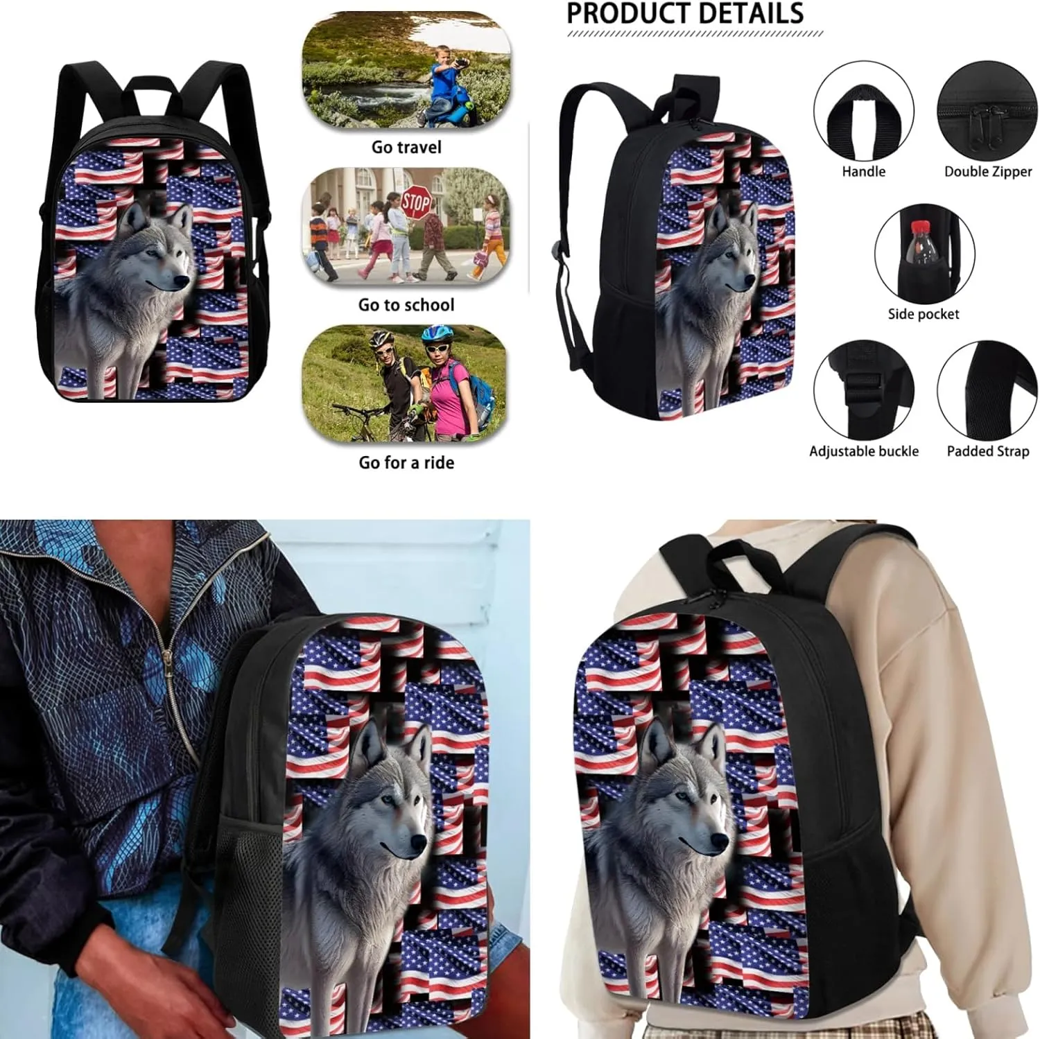 American Flag Backpack Set for School, Elementary and Middle Students School Bag Large Wolf Lightweight Schoolbag, Independence Day Knapsack Set with Reusable Lunch Box and Pen Bag