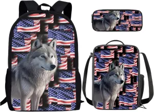 American Flag Backpack Set for School, Elementary and Middle Students School Bag Large Wolf Lightweight Schoolbag, Independence Day Knapsack Set with Reusable Lunch Box and Pen Bag