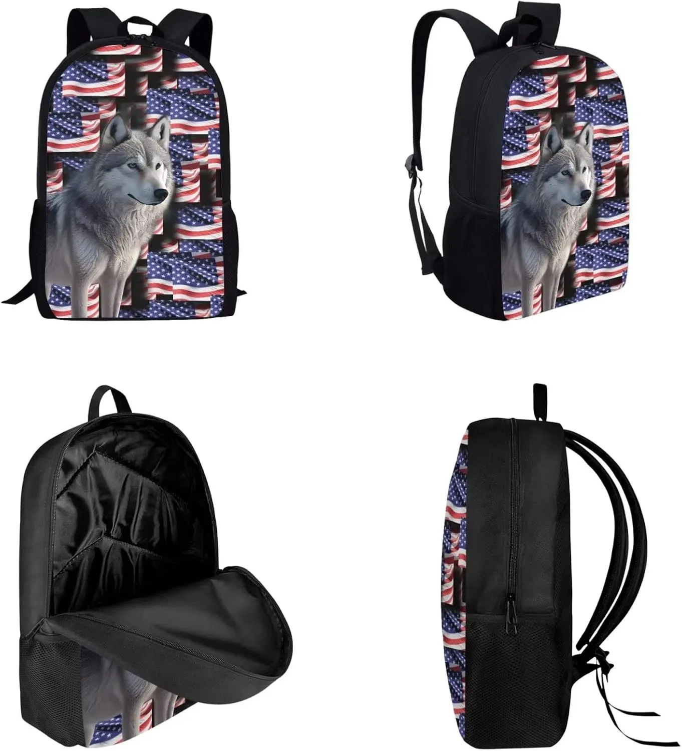 American Flag Backpack Set for School, Elementary and Middle Students School Bag Large Wolf Lightweight Schoolbag, Independence Day Knapsack Set with Reusable Lunch Box and Pen Bag
