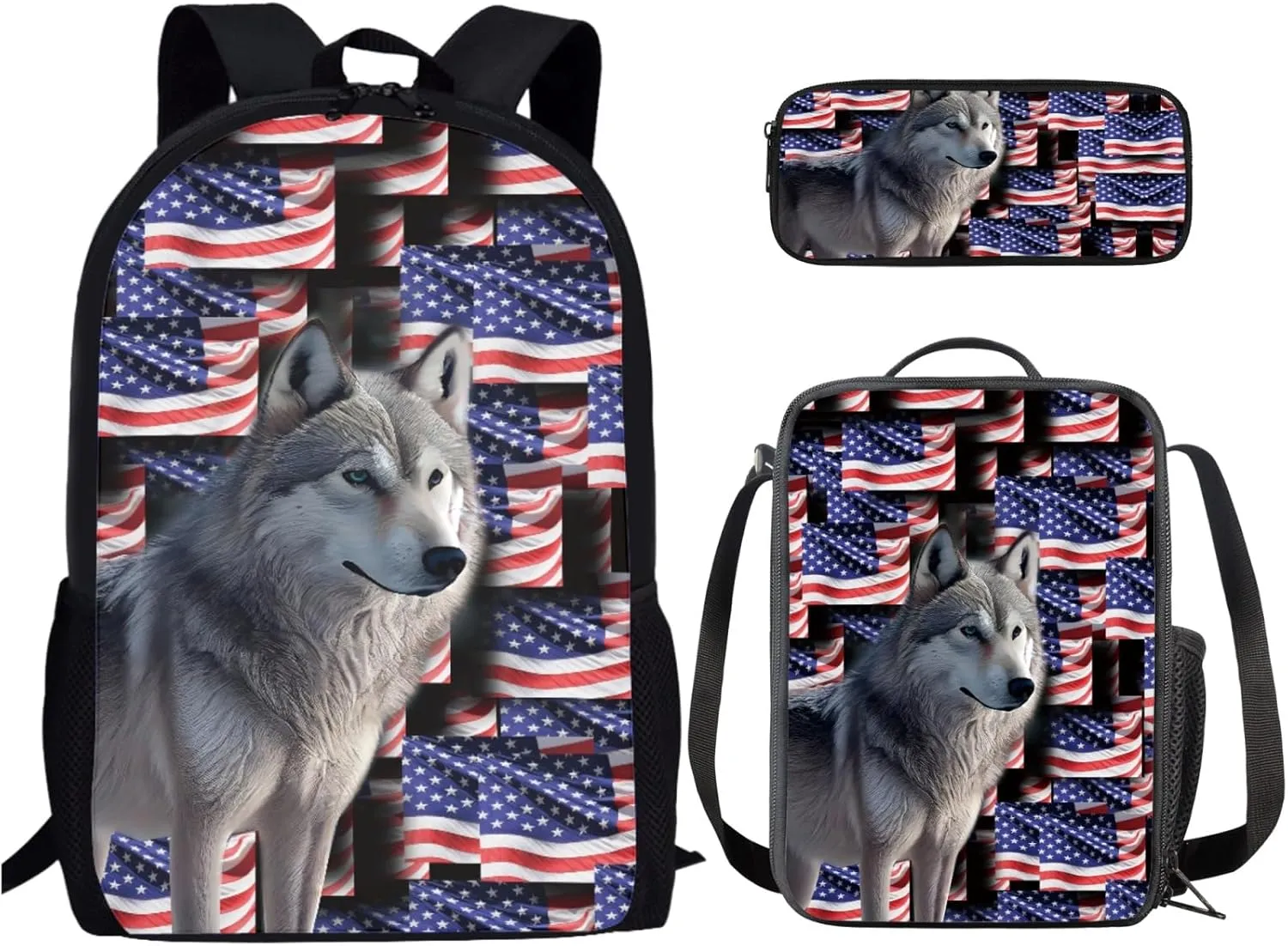 American Flag Backpack Set for School, Elementary and Middle Students School Bag Large Wolf Lightweight Schoolbag, Independence Day Knapsack Set with Reusable Lunch Box and Pen Bag