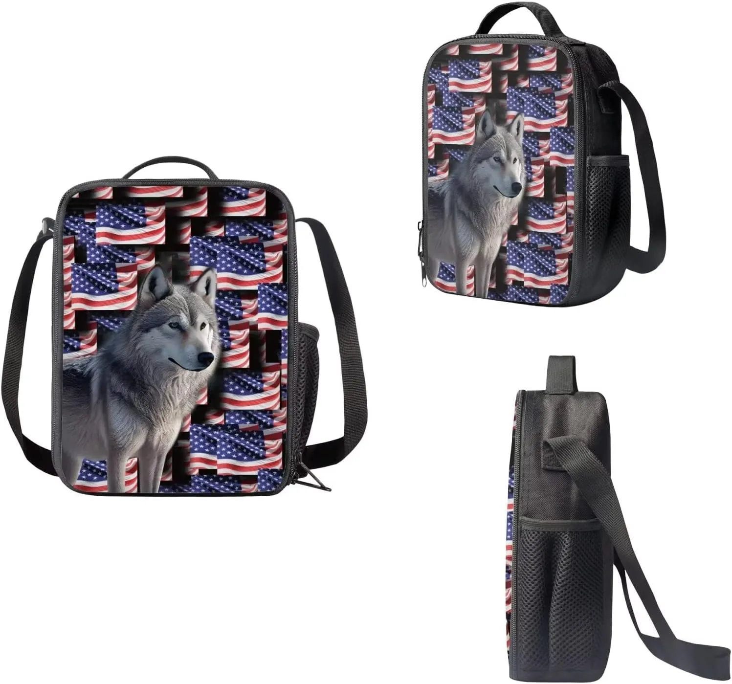 American Flag Backpack Set for School, Elementary and Middle Students School Bag Large Wolf Lightweight Schoolbag, Independence Day Knapsack Set with Reusable Lunch Box and Pen Bag