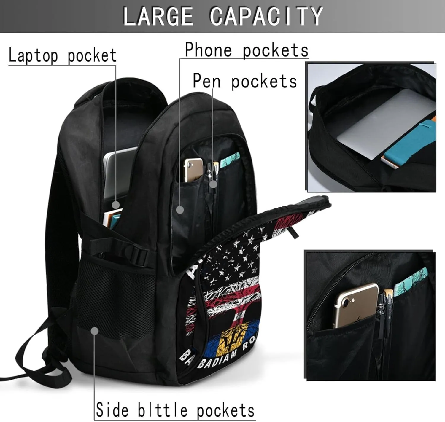 American Raised with Barbadian Roots Casual Travel Backpacks Hiking Camping Backpack Large Outdoor Sport Daypack Laptop Rucksack Climbing Working Bags with USB Port