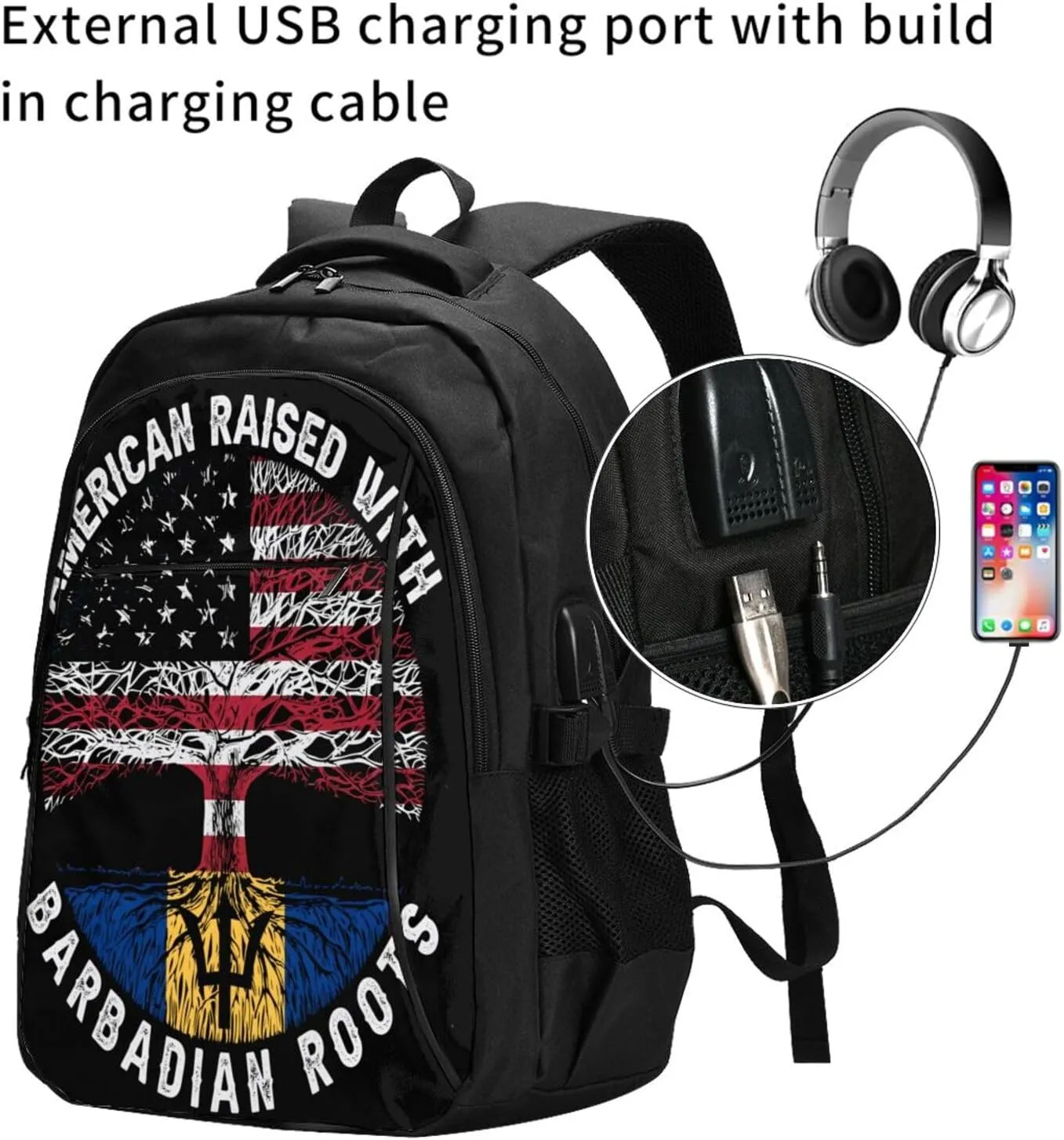 American Raised with Barbadian Roots Casual Travel Backpacks Hiking Camping Backpack Large Outdoor Sport Daypack Laptop Rucksack Climbing Working Bags with USB Port