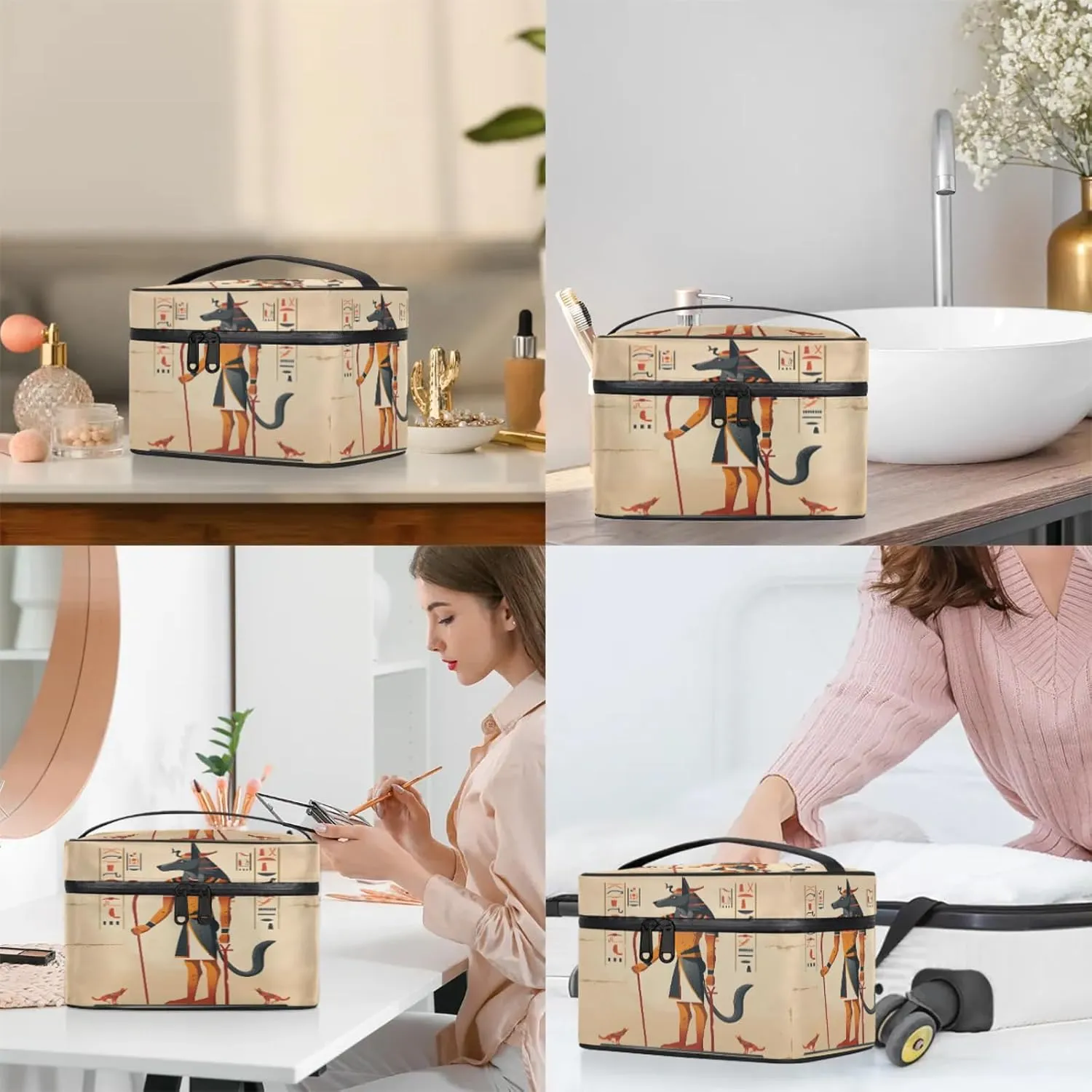 Ancient Egyptian Painting Travel Toiletry Bag Large Capacity Makeup Case Organizer with Handle Cosmetic Case for Women Girls