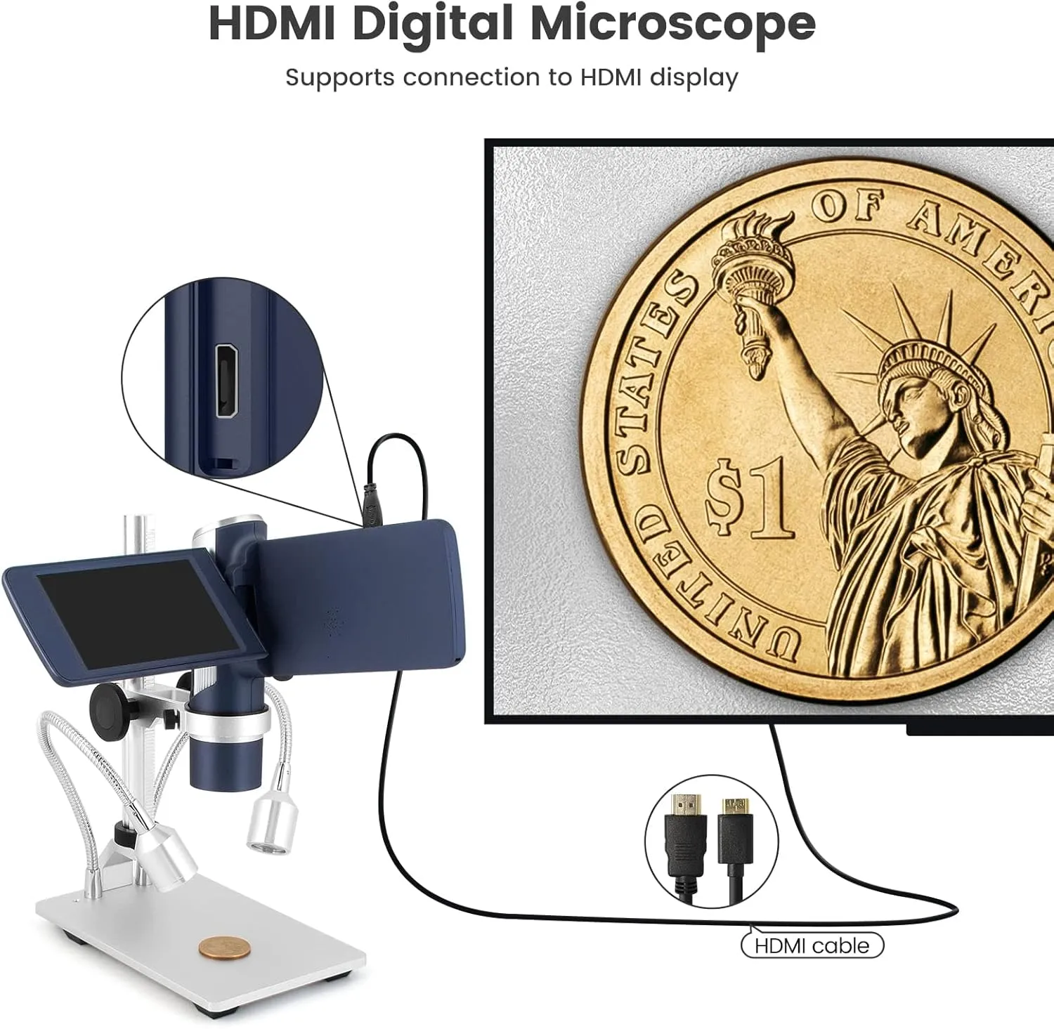 Andonstar AD203S HDMI Digital Microscope for Error Coins with Metal Stand, Handheld Portable USB Microscope Kit for Kids&Adults, 4" LCD Screen, Photo/Video Capture, Windows/Mac PC Compatible(Navy)
