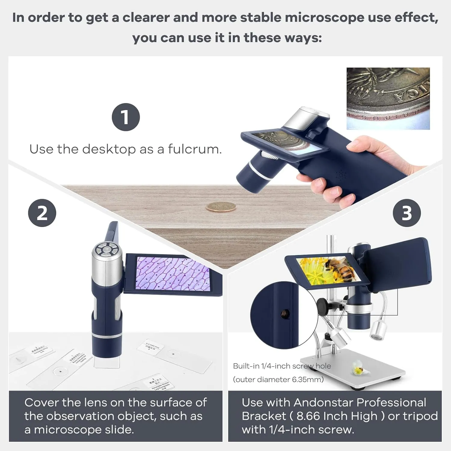 Andonstar AD203S HDMI Digital Microscope for Error Coins with Metal Stand, Handheld Portable USB Microscope Kit for Kids&Adults, 4" LCD Screen, Photo/Video Capture, Windows/Mac PC Compatible(Navy)