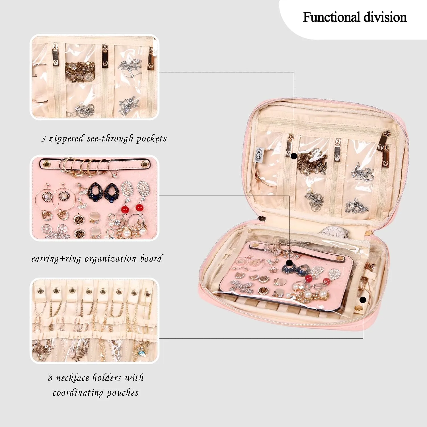 Angelina's Palace Large Jewelry Organizer Case Bridesmaid Gifts Vegan Leather Waterproof Travel Jewelry Storage Bag for Necklace Earring Bracelet Ring(soft pink)