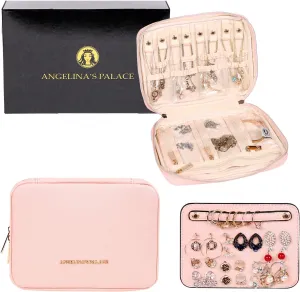Angelina's Palace Large Jewelry Organizer Case Bridesmaid Gifts Vegan Leather Waterproof Travel Jewelry Storage Bag for Necklace Earring Bracelet Ring(soft pink)
