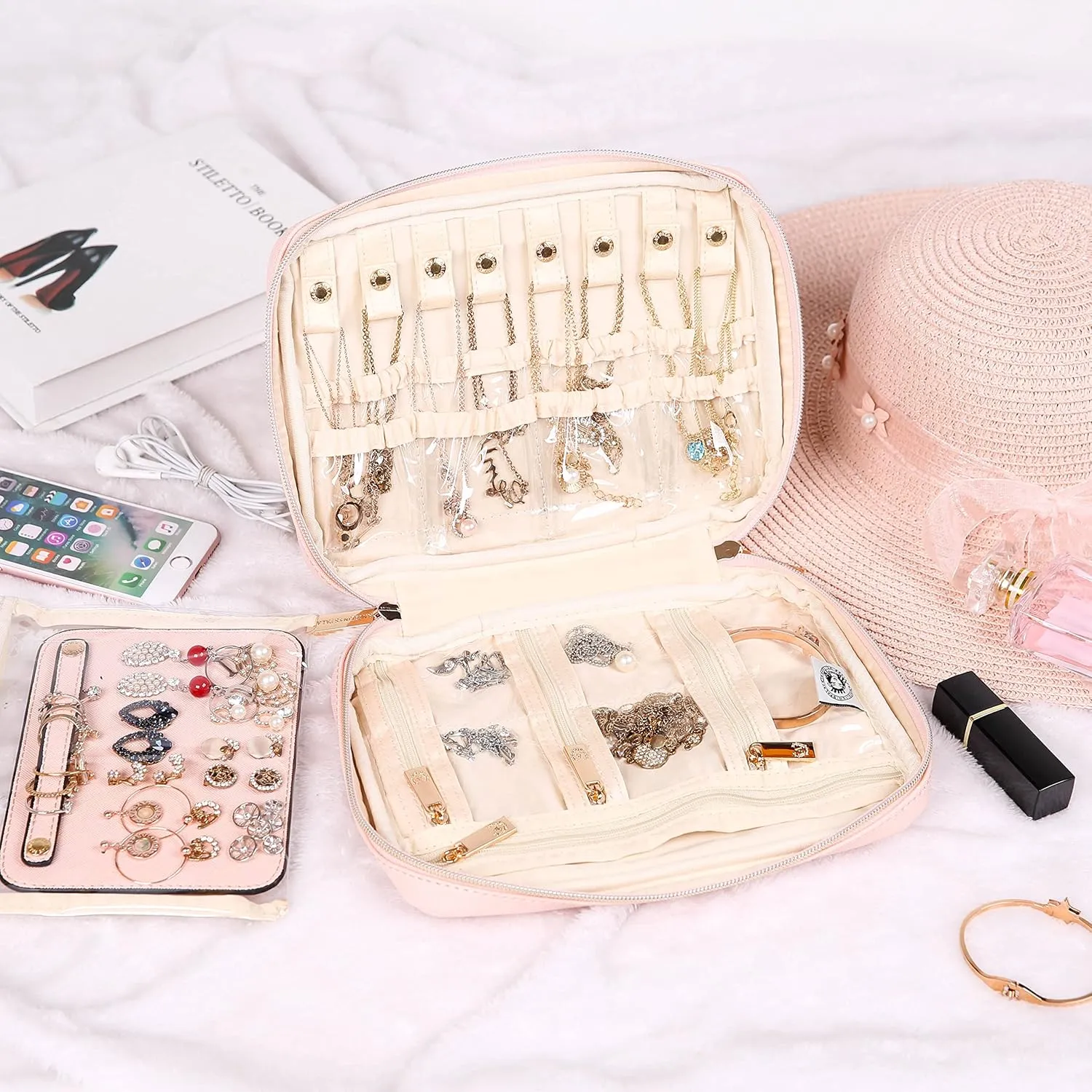 Angelina's Palace Large Jewelry Organizer Case Bridesmaid Gifts Vegan Leather Waterproof Travel Jewelry Storage Bag for Necklace Earring Bracelet Ring(soft pink)