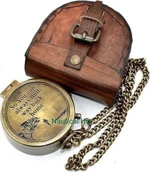 Antique Brass Engraved Compass with Leather Case & Chainmail Nautical Push Open Pocket Compass for Hiking Traveling Camping Navigation Tool