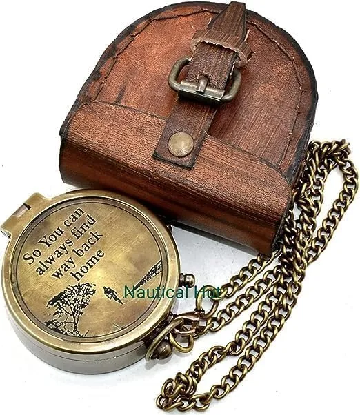 Antique Brass Engraved Compass with Leather Case & Chainmail Nautical Push Open Pocket Compass for Hiking Traveling Camping Navigation Tool