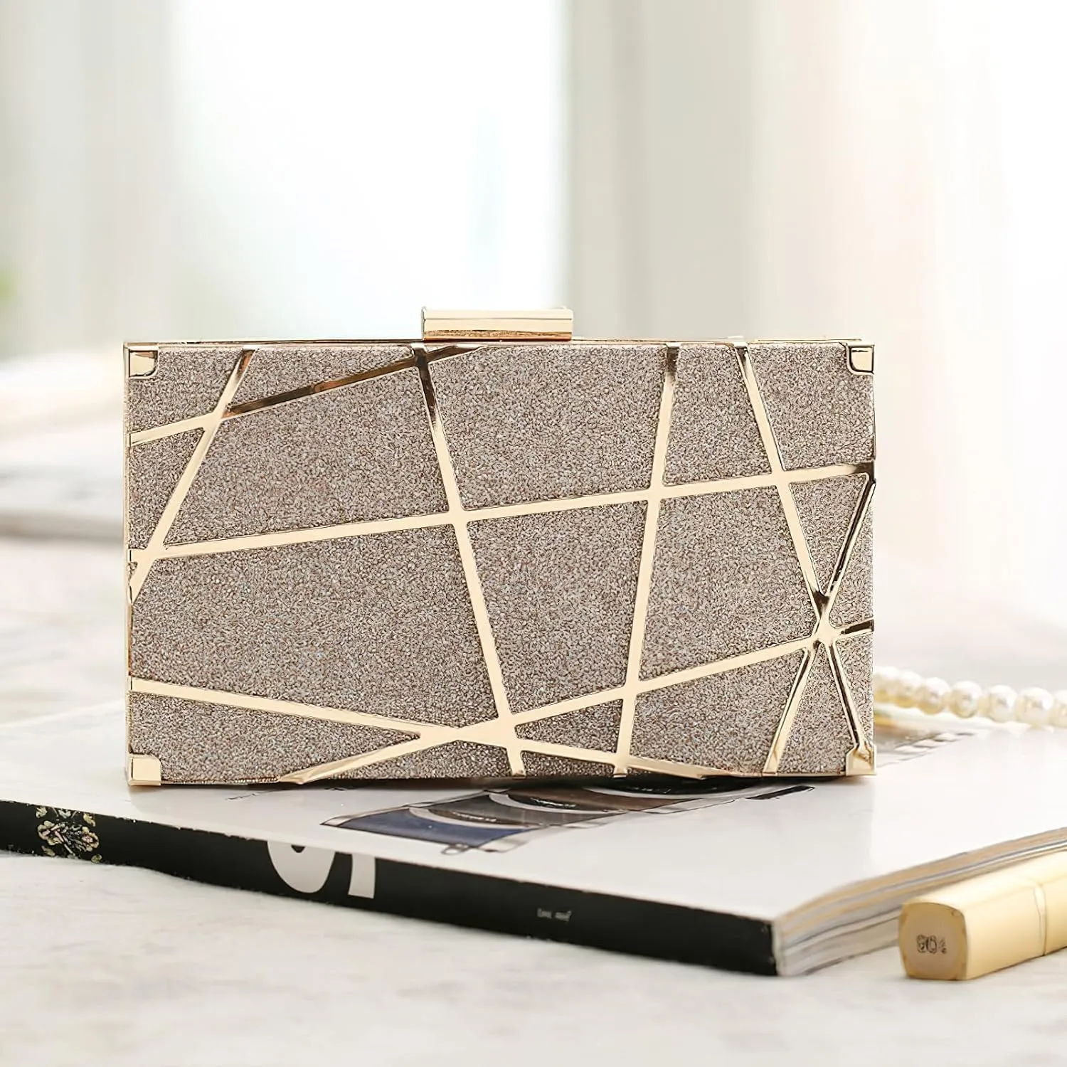 ANUFER Women's Sparkly Sequins Evening Clutch Bag Geometric Party Purse Bag with Two Chains