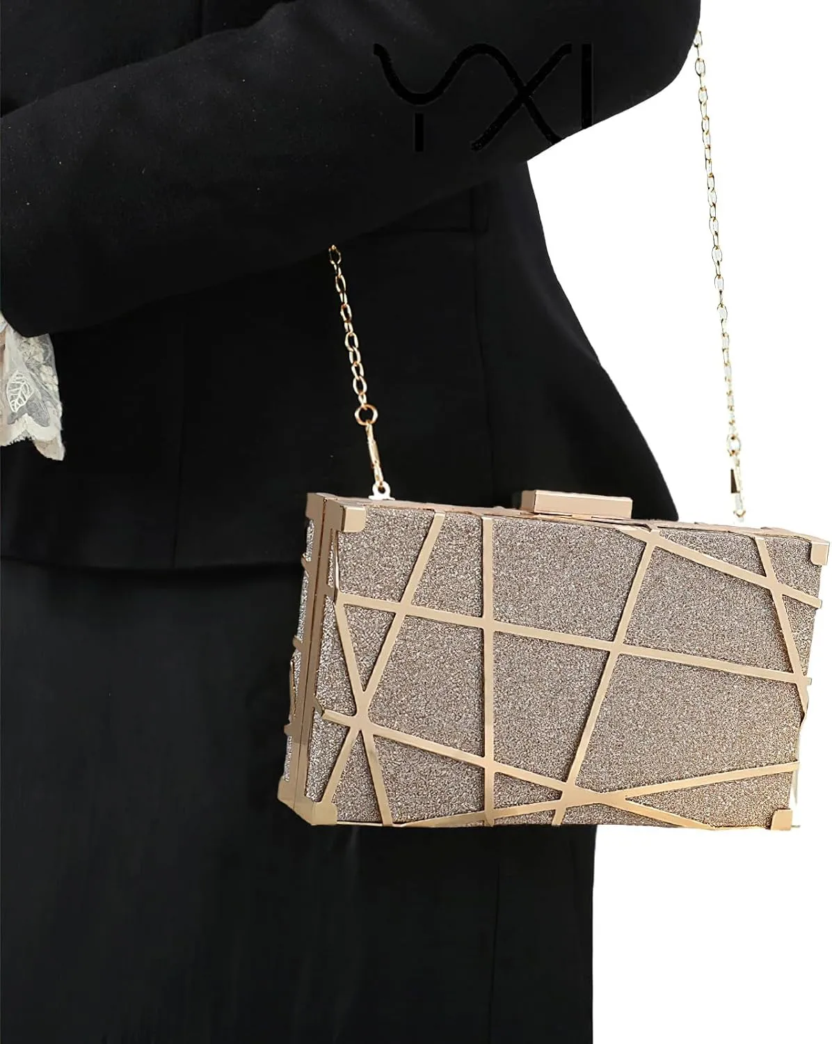 ANUFER Women's Sparkly Sequins Evening Clutch Bag Geometric Party Purse Bag with Two Chains