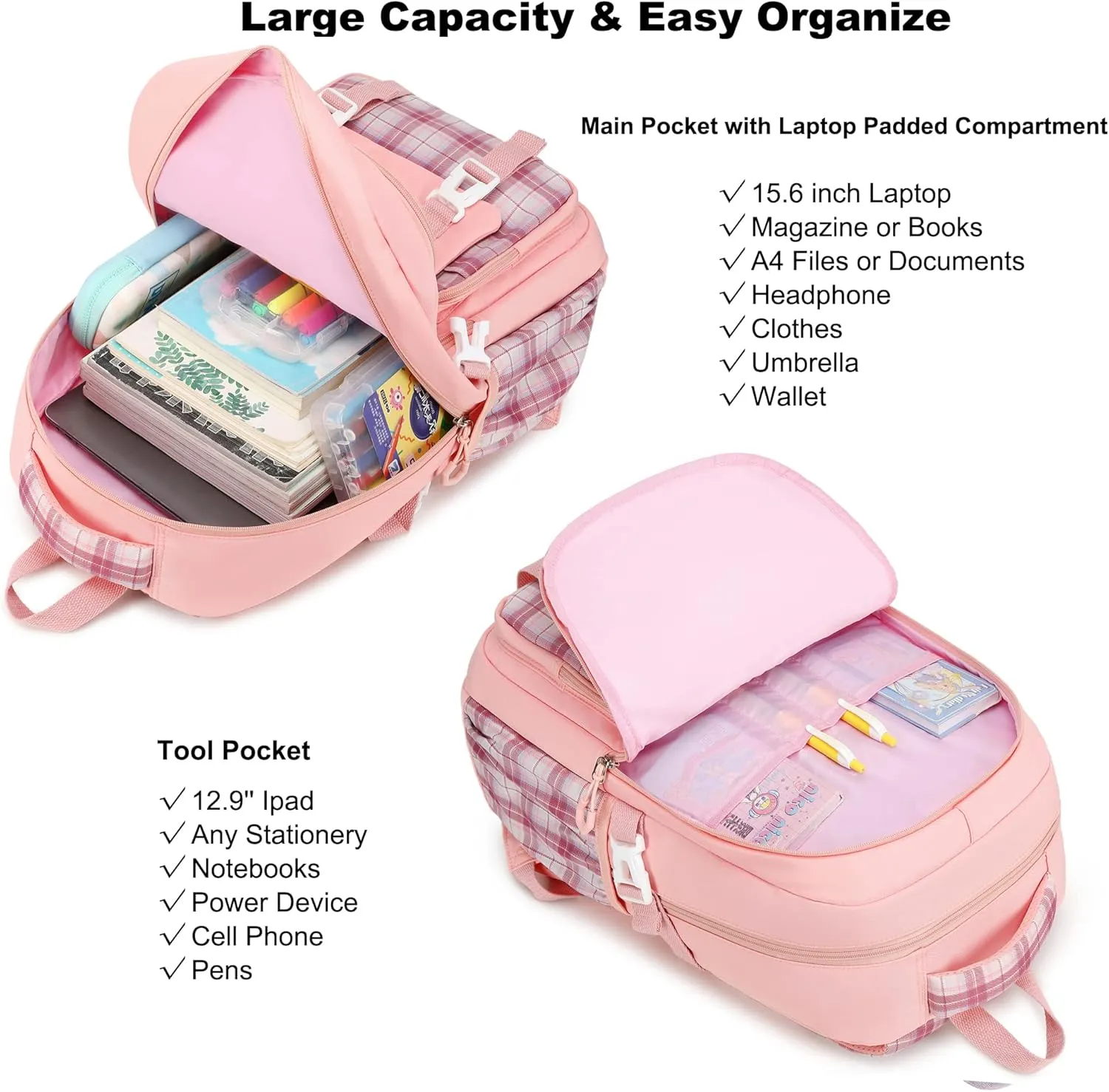 AO ALI VICTORY Girls Backpack 15.6 Inch Laptop School Bag Cute Kids Elementary College Backpacks Large Bookbags for Teen Girl Women Students Anti Theft Travel Daypack- Pink