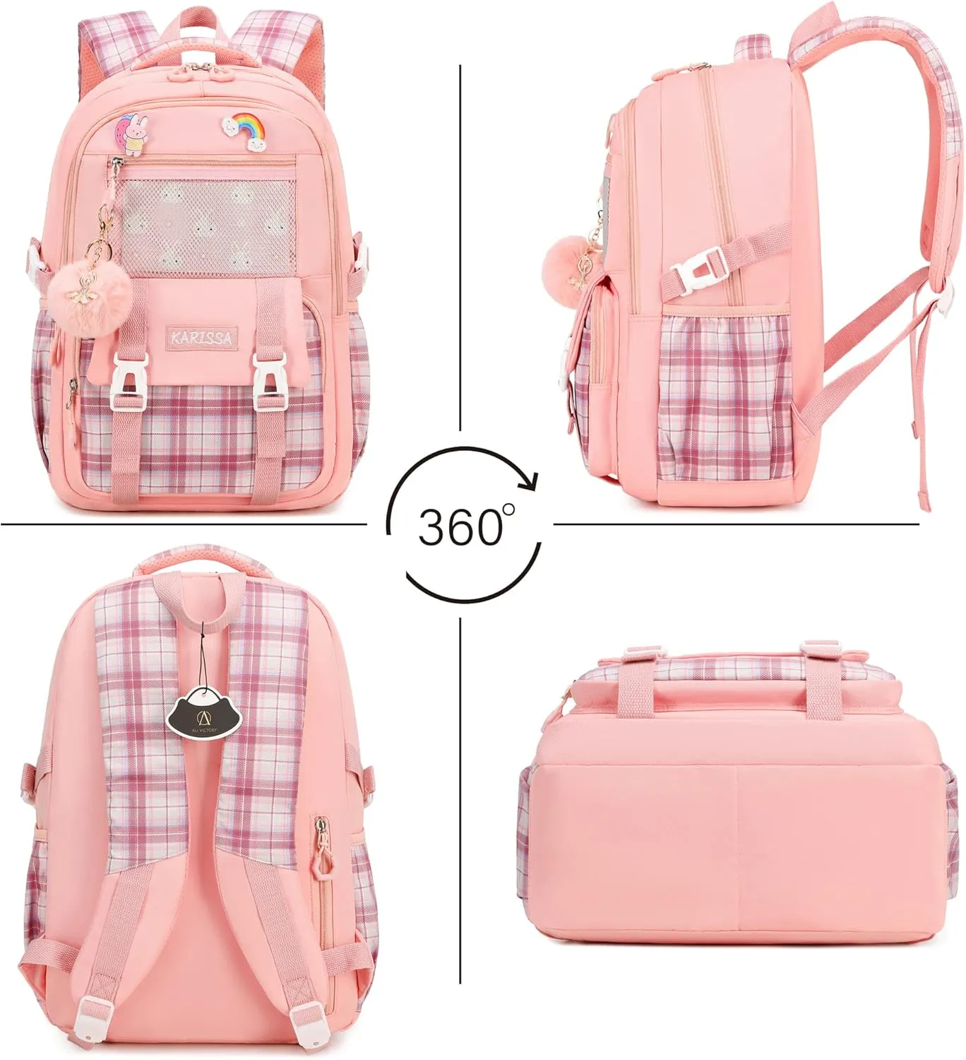 AO ALI VICTORY Girls Backpack 15.6 Inch Laptop School Bag Cute Kids Elementary College Backpacks Large Bookbags for Teen Girl Women Students Anti Theft Travel Daypack- Pink