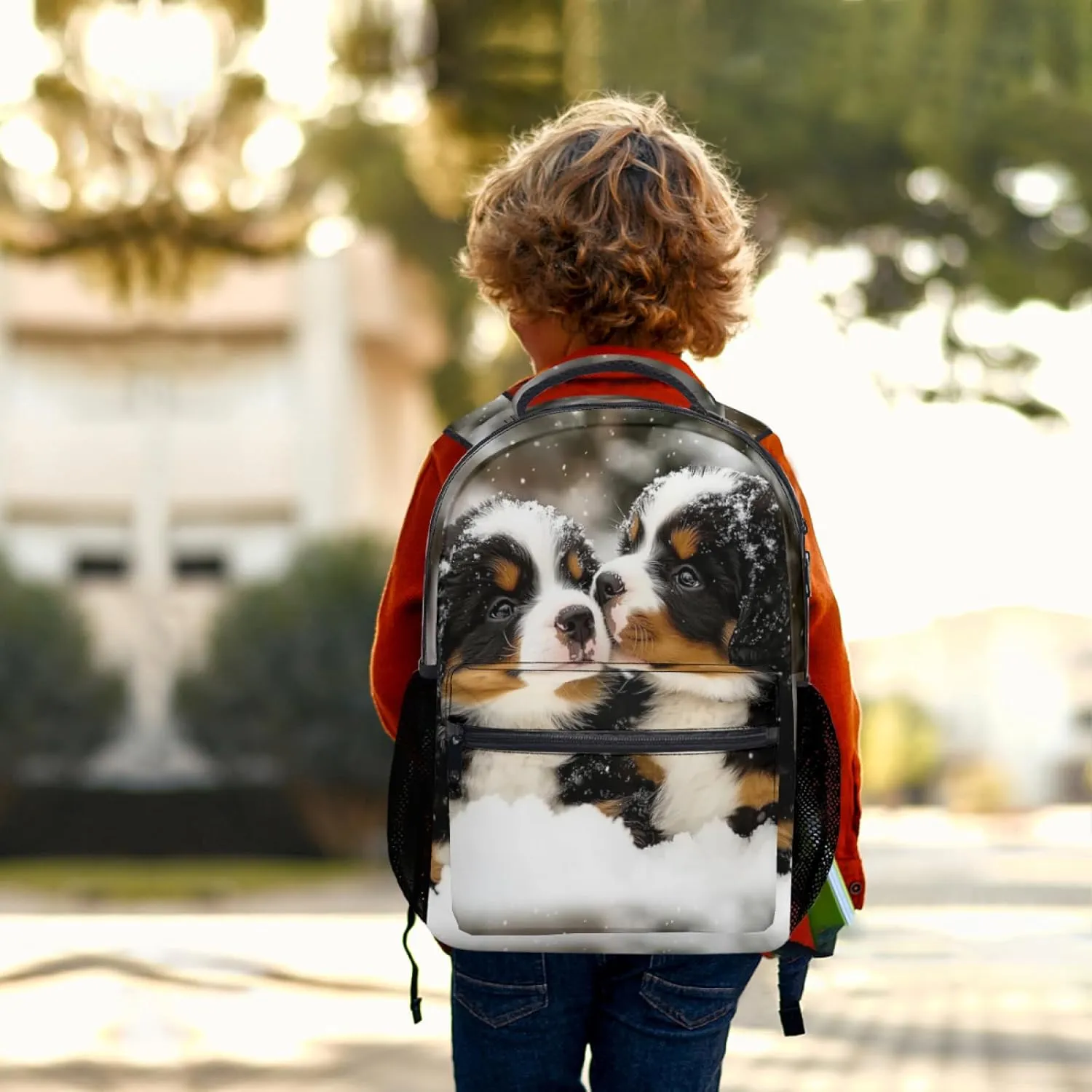 aportt Bernese Dog Print Kids Backpack for School Casual Daypack Backpacks Cute Puppy Lightweight Book Bag Snow Winter Shoulder Bag for Boys Girls Students Travel Camping Outdoor