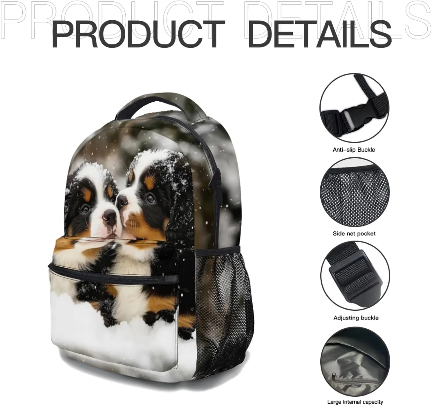 aportt Bernese Dog Print Kids Backpack for School Casual Daypack Backpacks Cute Puppy Lightweight Book Bag Snow Winter Shoulder Bag for Boys Girls Students Travel Camping Outdoor