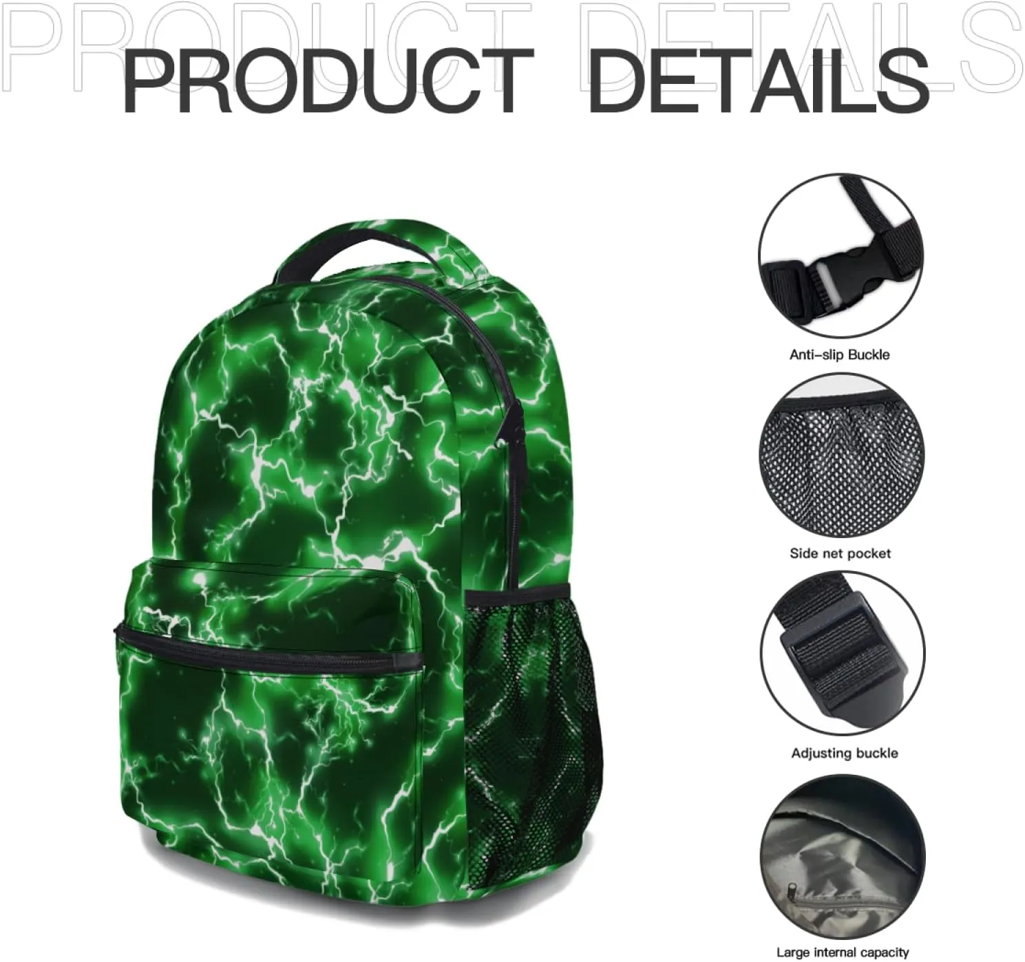 aportt Green Backpack for Boys Girls Cool Lightning Durable Casual Basic Kids Bookbag Lightweight School Bag for Teens Students Travel Daypack
