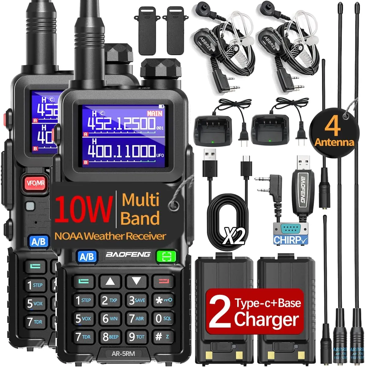 AR-5RM Ham Radio 10W Long Range 5RM Handheld Two Way Radios,NOAA Weather Receiver Copy Frequency 999CH Rechargeable 2500mAh Walkie Talkies with USB-C Charging and Programming Cable,2Pack
