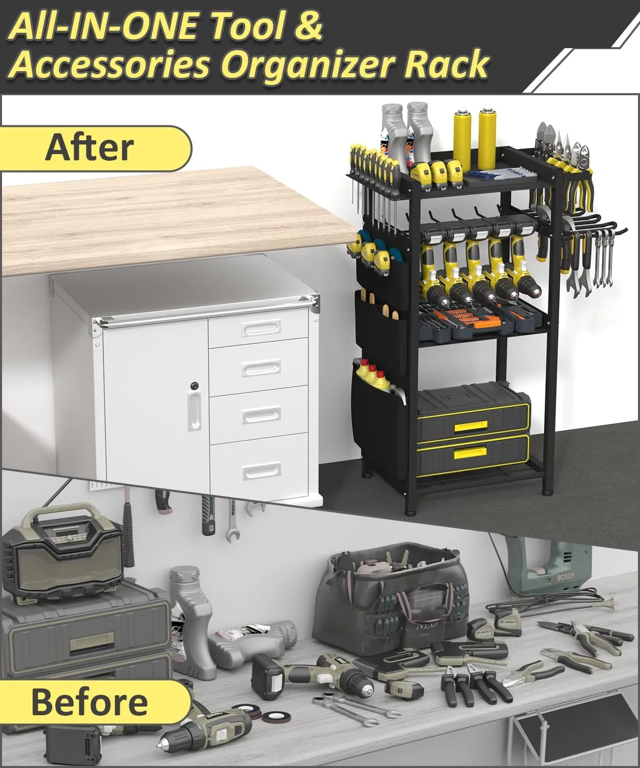 Artibear 4-Tier Rolling Power Tool Organizer Storage Cart, Garage Organization on Wheels Tool Cart with Drill Set Rack Shelf, Mechanic Utility Cart for Workbench & Outdoors Working, Gift for Men Dad