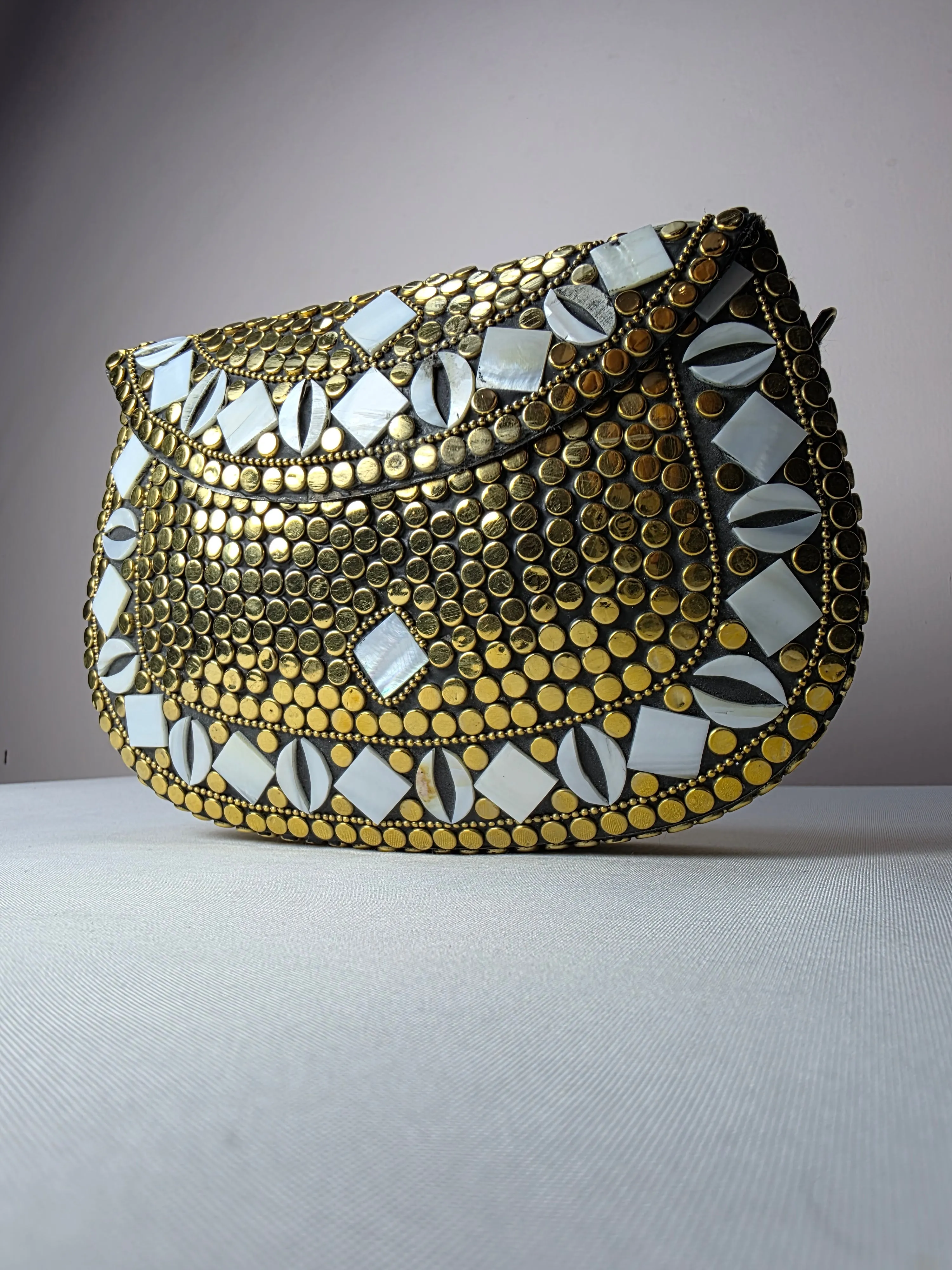 Artisan Crafted Metal Clutch with Mother of Pearl Accents