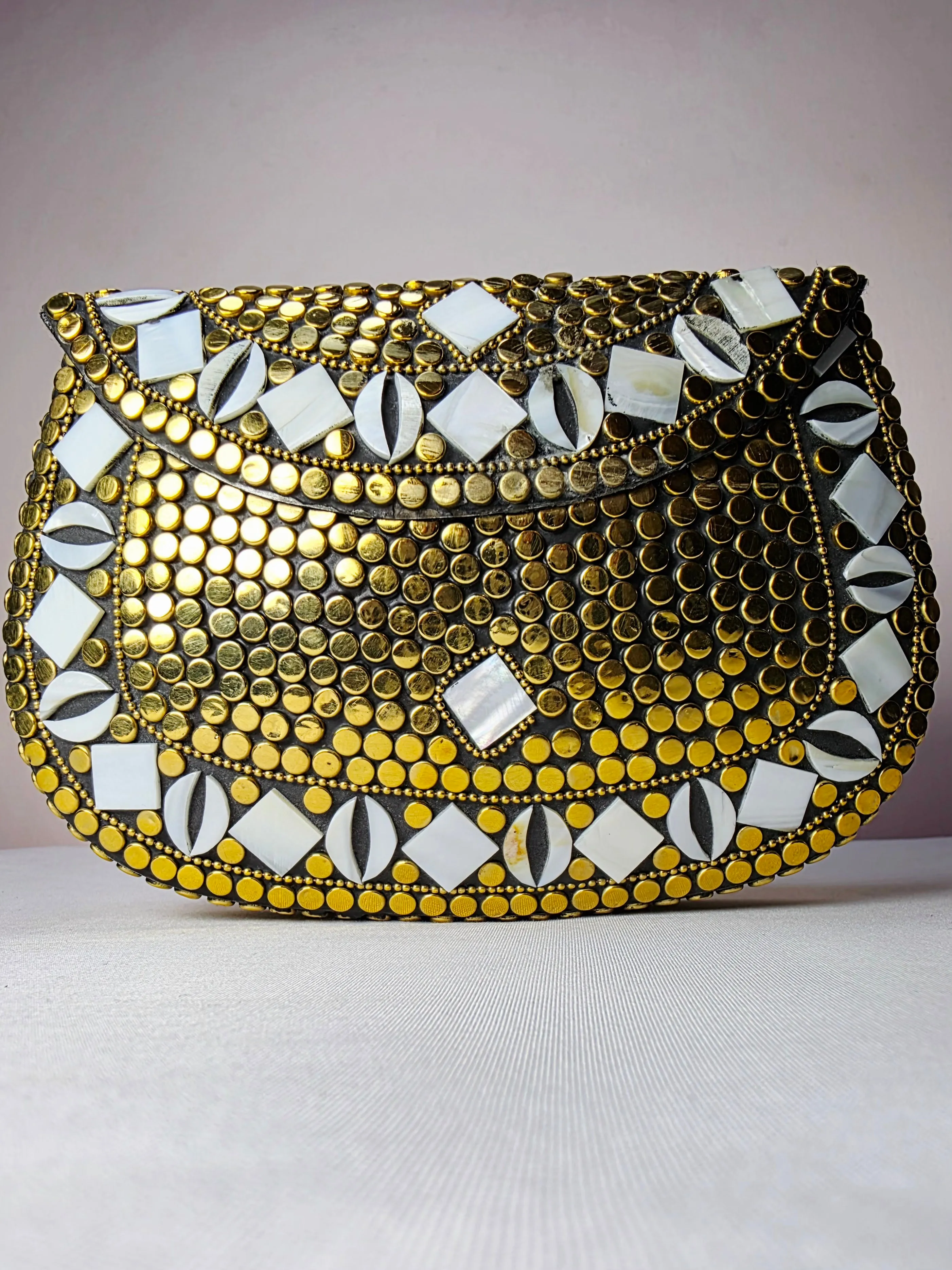Artisan Crafted Metal Clutch with Mother of Pearl Accents