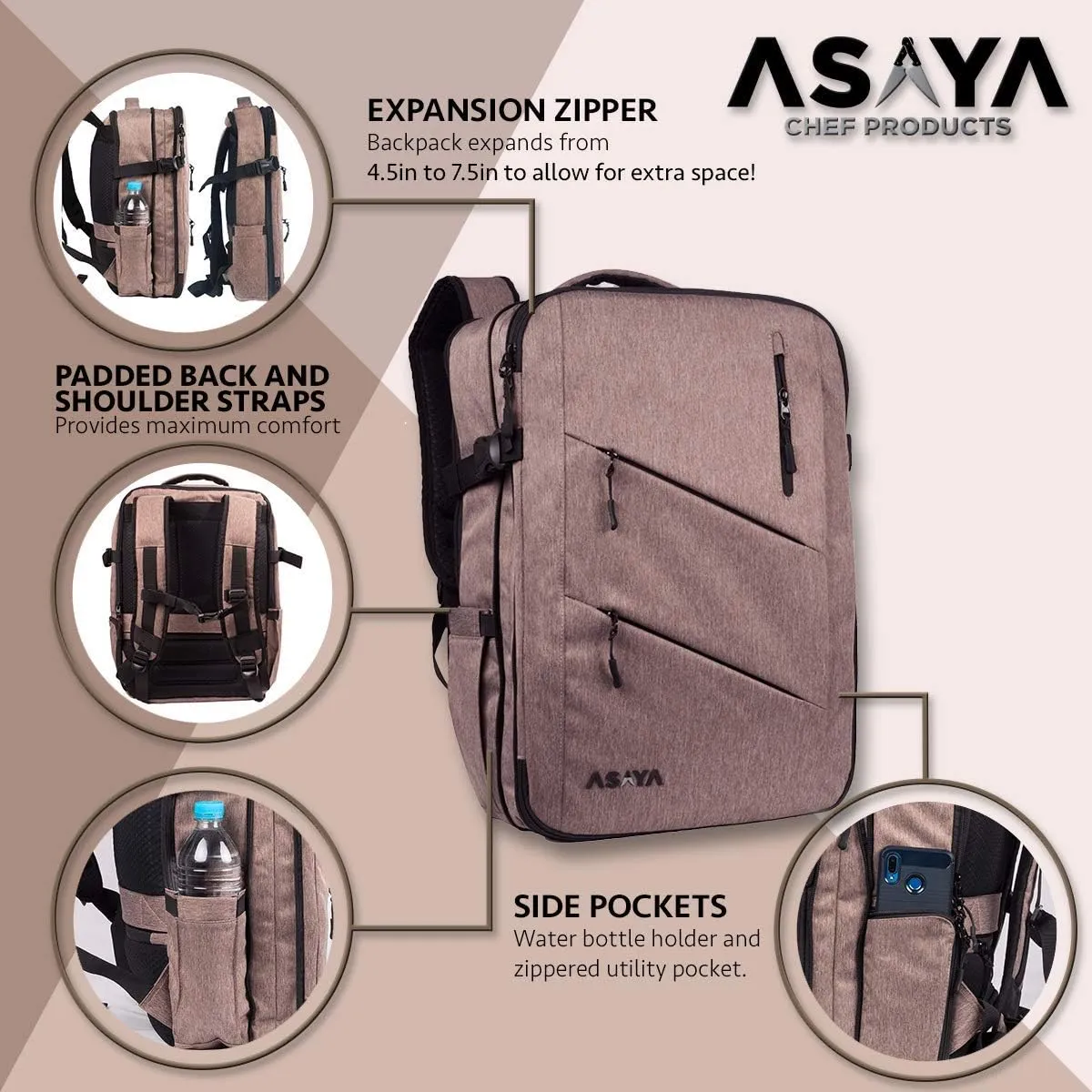Asaya Chef Knife Backpack with 20 Pocket Knife Roll Bag - Over 30 Pockets for Knives - Knives Not Included (Brown)