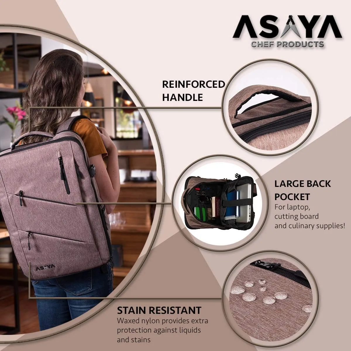 Asaya Chef Knife Backpack with 20 Pocket Knife Roll Bag - Over 30 Pockets for Knives - Knives Not Included (Brown)