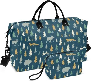 Aslsiy Travel Duffel Bags for Women Forest Tree Animals Sports Duffel Bag Elk Bear Deer Weekender Bags Gym Bag with Toiletry Bag Carry on Overnight Bag