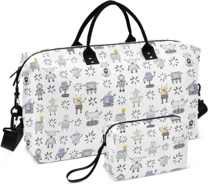 Aslsiy Travel Duffel Bags for Women Robots Happy Toy Sports Duffel Bag White Weekender Bags Gym Bag with Toiletry Bag Carry on Overnight Bag