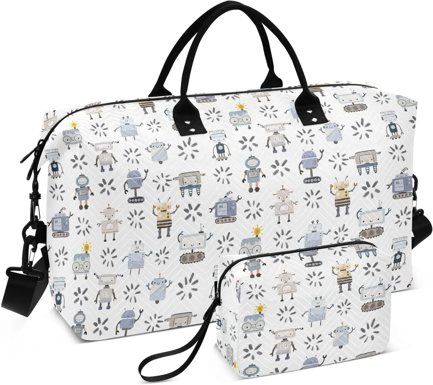 Aslsiy Travel Duffel Bags for Women Robots Happy Toy Sports Duffel Bag White Weekender Bags Gym Bag with Toiletry Bag Carry on Overnight Bag