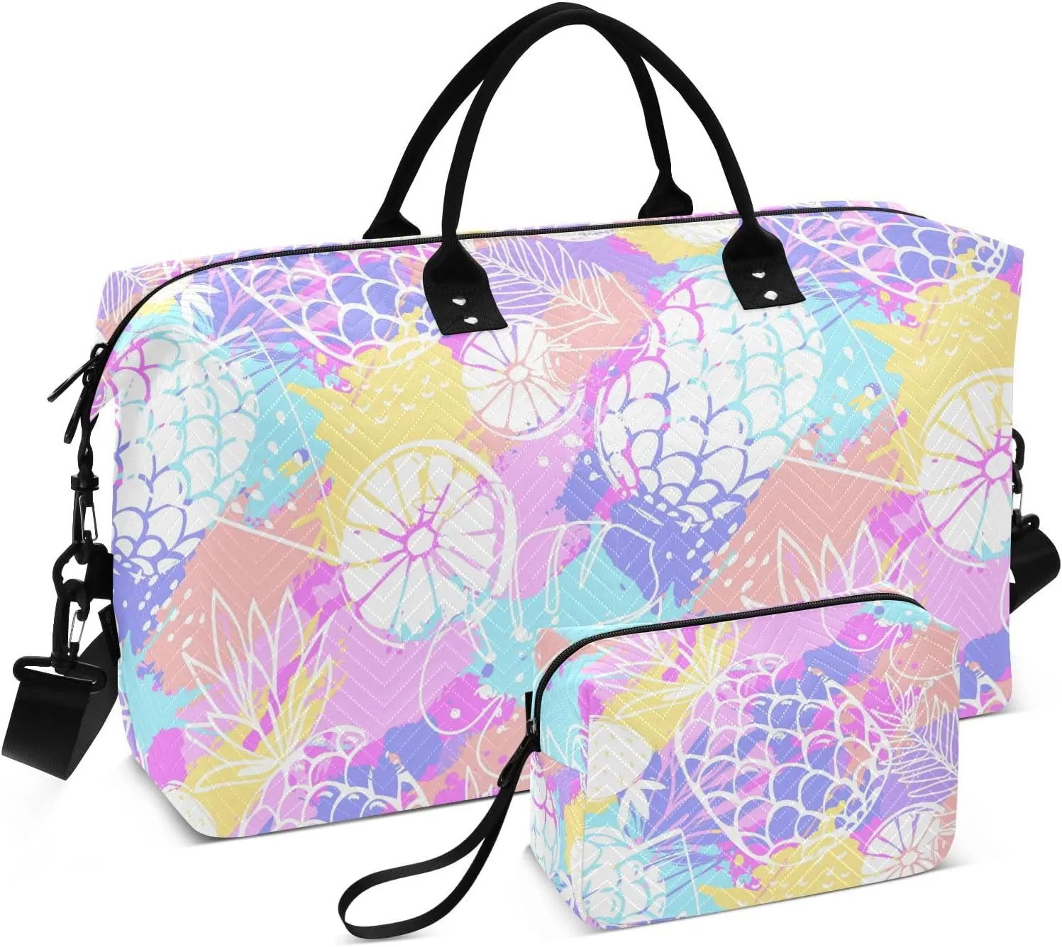 Aslsiy Travel Duffel Bags for Women Tropics Funny Fruit Sport Duffel Bag Pineapple Lemon Weekender Bag Gym Bag with Toiletry Bag Carry on Overnight Bag