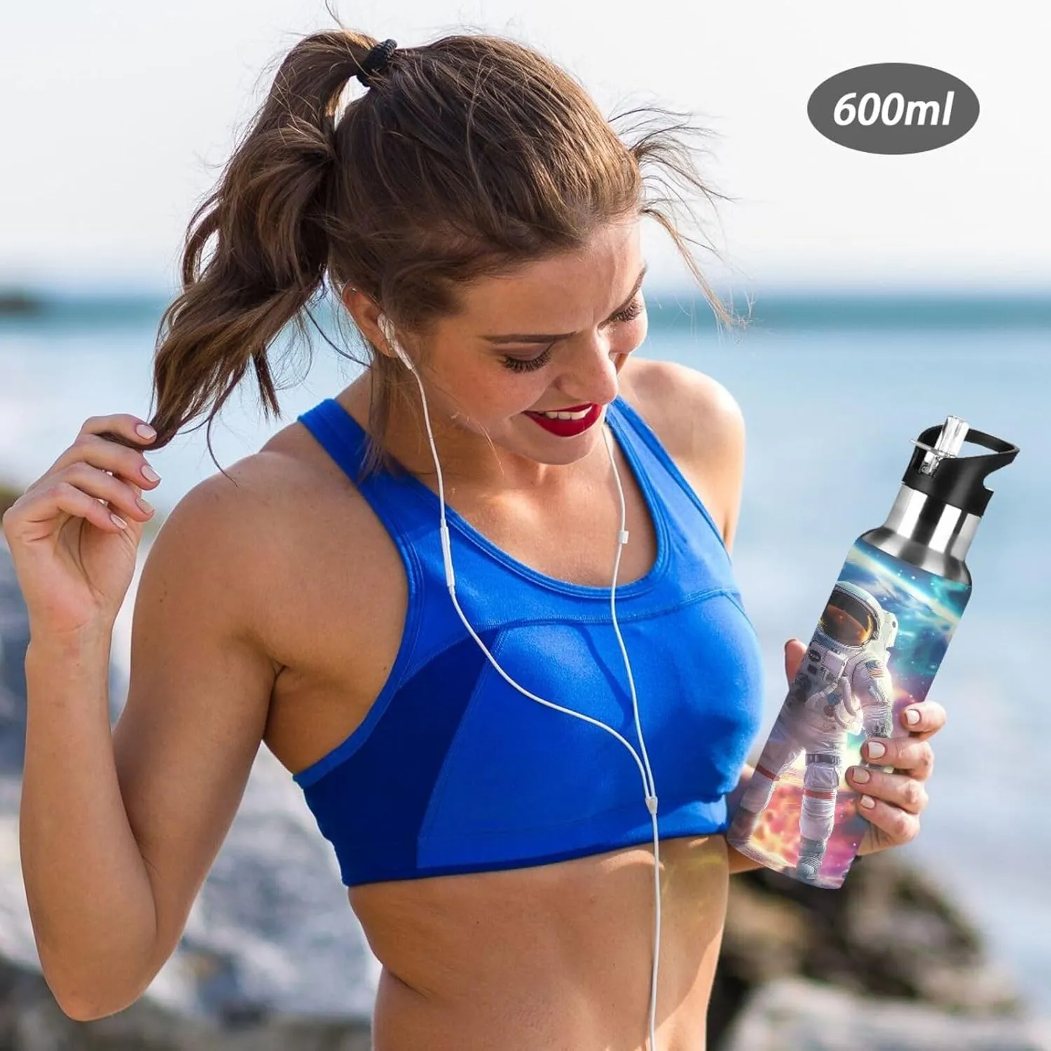 Astronaut Colorful Space Galaxy Water Bottle Leakproof Insulated Stainless Steel Hot Cold Water Flask with Straw Lid for Sports Travel 20 oz