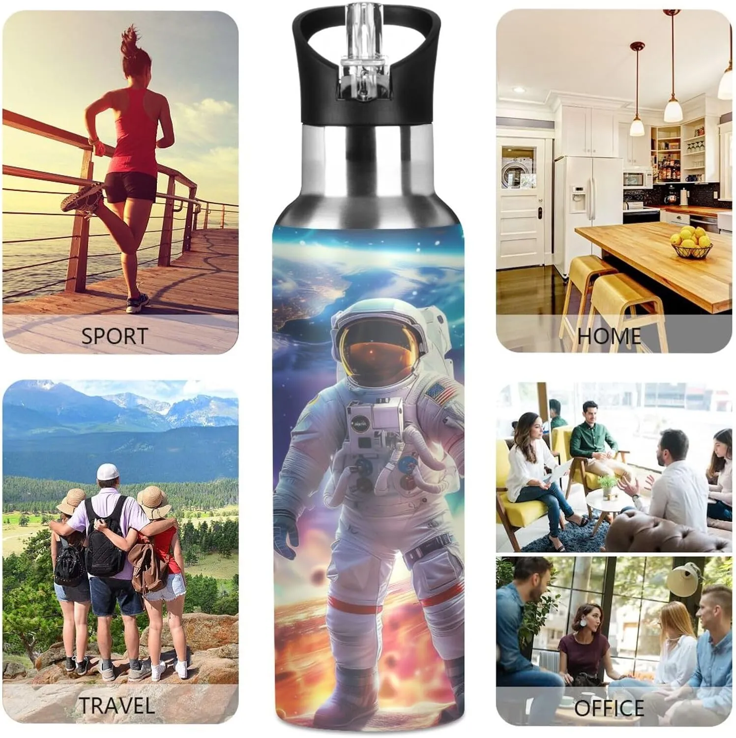 Astronaut Colorful Space Galaxy Water Bottle Leakproof Insulated Stainless Steel Hot Cold Water Flask with Straw Lid for Sports Travel 20 oz