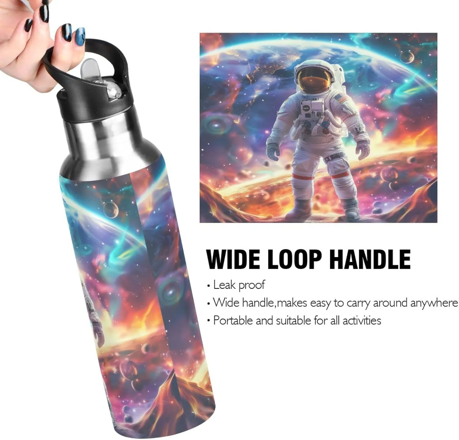 Astronaut Colorful Space Galaxy Water Bottle Leakproof Insulated Stainless Steel Hot Cold Water Flask with Straw Lid for Sports Travel 20 oz