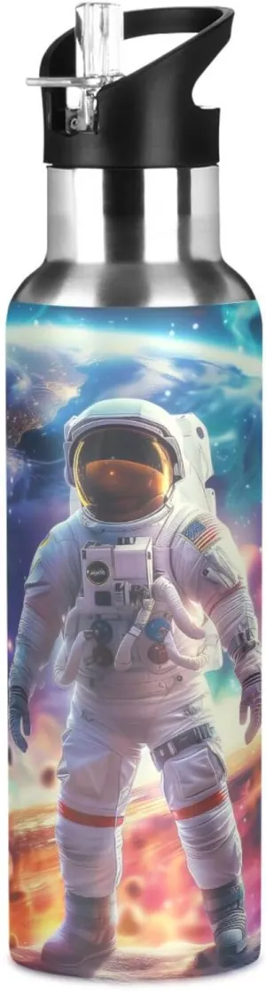 Astronaut Colorful Space Galaxy Water Bottle Leakproof Insulated Stainless Steel Hot Cold Water Flask with Straw Lid for Sports Travel 20 oz