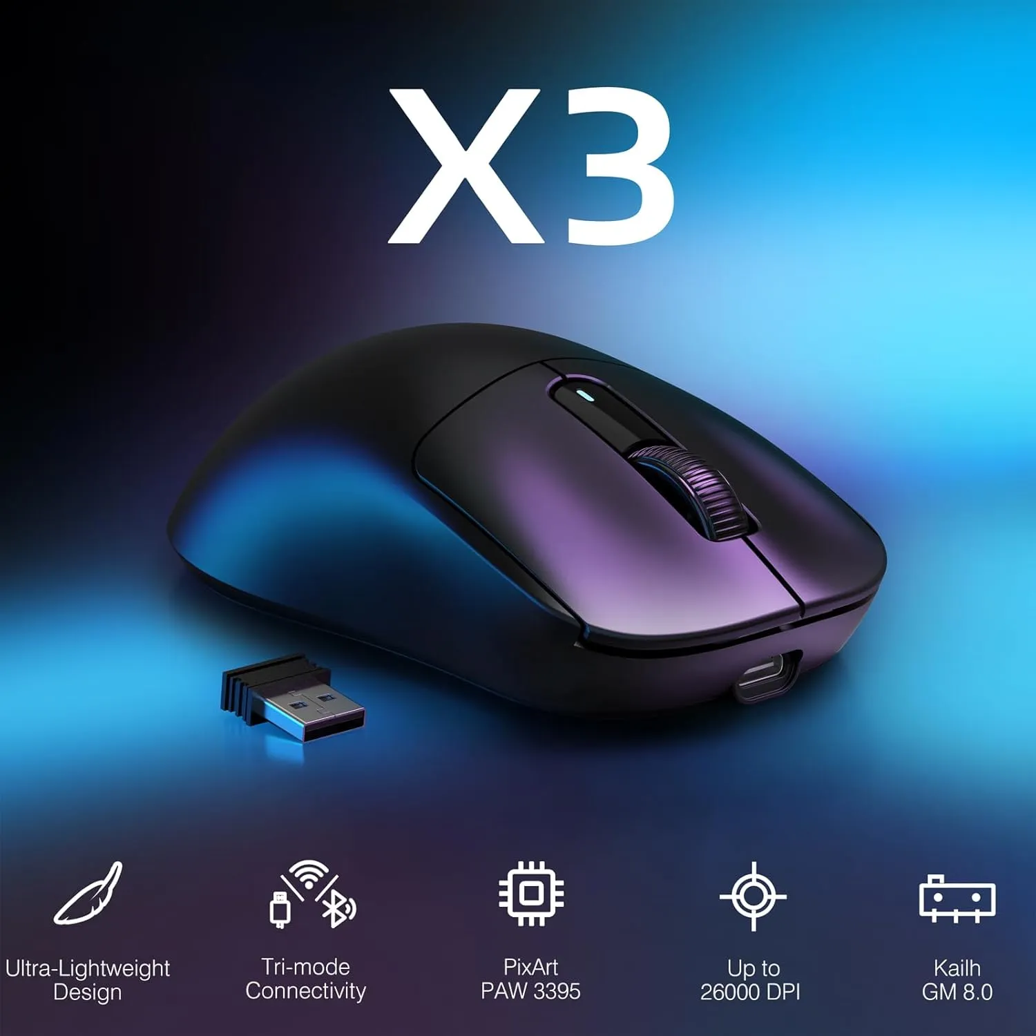 ATTACK SHARK X3 Wireless Gaming Mouse, 49g Ergonomic Computer Mouse, Triple Modes PAW3395 26K DPI Optical Sensor, 200h Battery Life, Programmable Buttons, Gaming Accessories for PC/Laptop/Mac (Black)