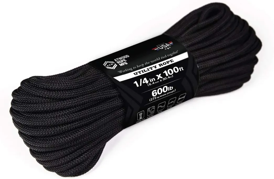 Atwood Rope MFG 1/4” inch Braided Utility Rope. Black, 100ft Made in USA, Lightweight Strong Versatile Rope for Camping, Survival, DIY, Knot Tying