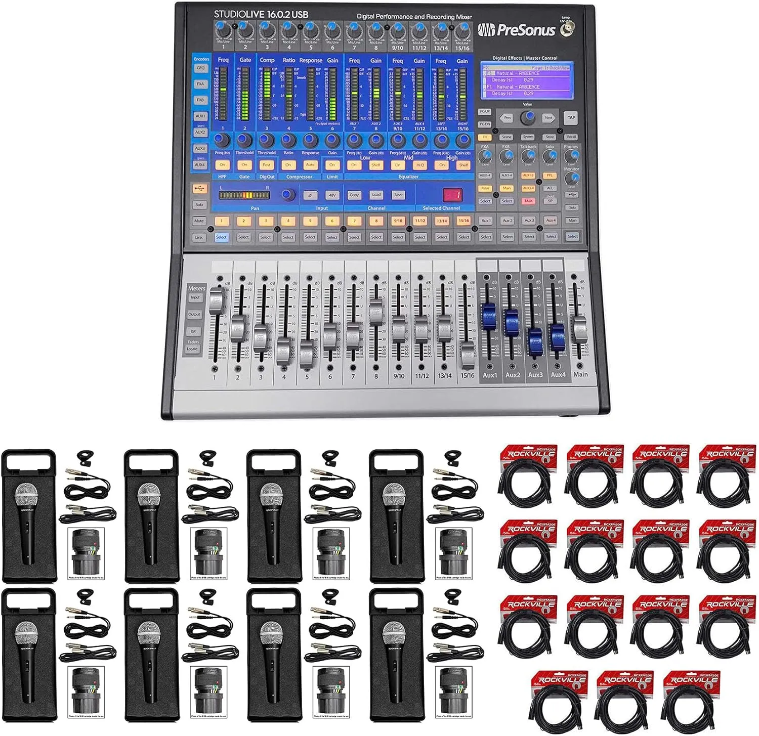 Audiosavings Bundle: Presonus StudioLive Recording Mixer with Focusrite Scarlett Solo Studio Audio Headphones & Rockville RDTS Studio Tripod Microphone Stand (15) XLR Cable (8) Microphpne (24 Items)