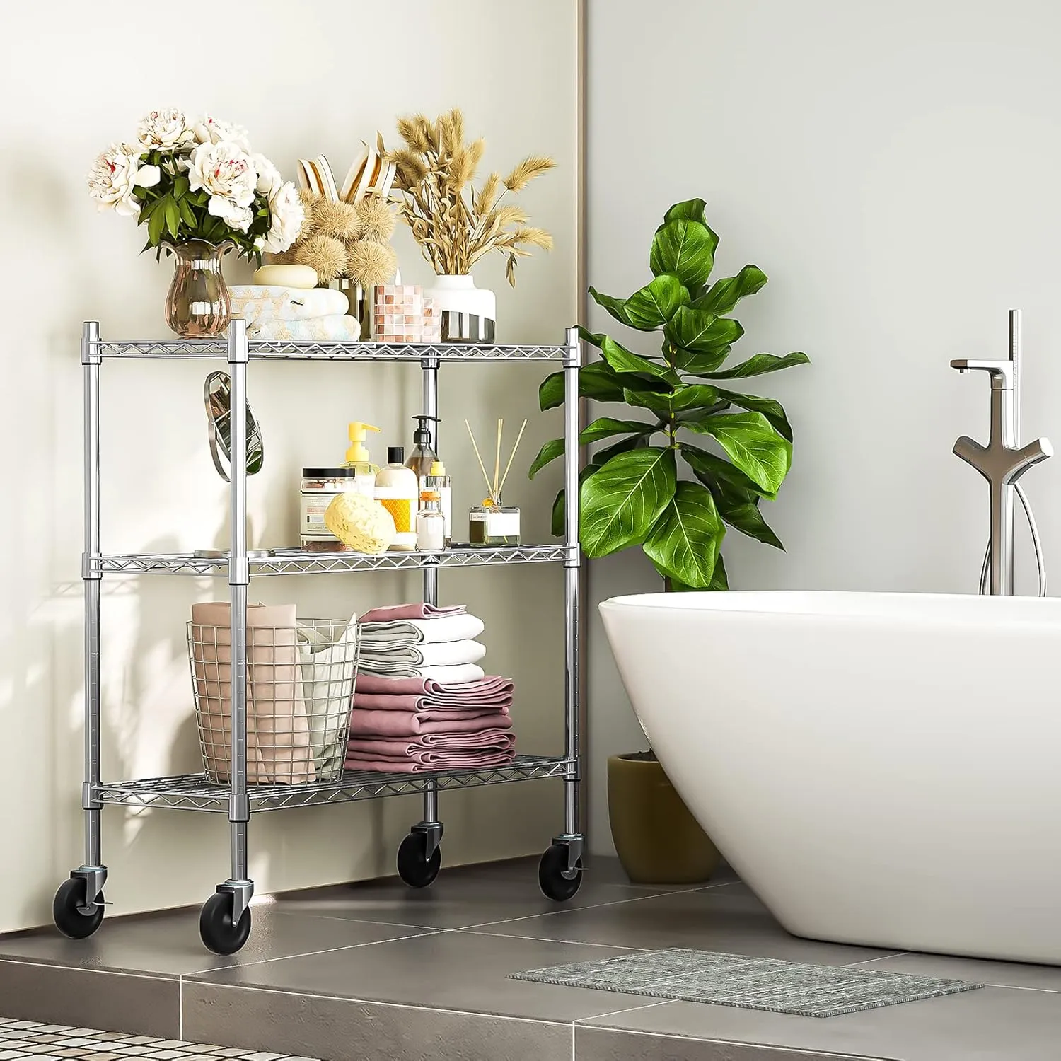 Auslar 3-Shelf Storage Shelves with Casters Heavy Duty 3-Tier Rolling Cart Utility Racks Adjustable Wire Metal Storage Shelving, Chrome