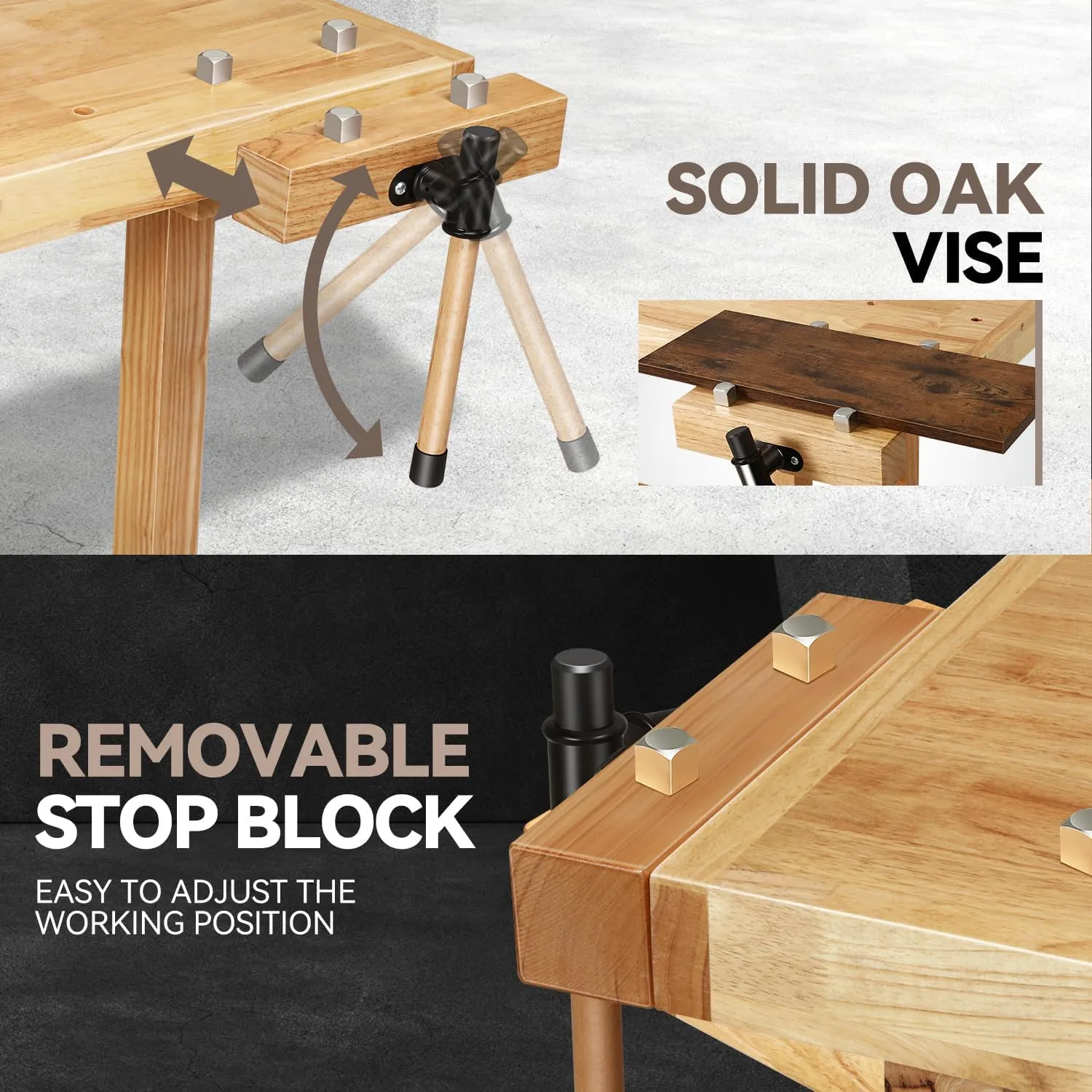 Auto Dynasty Workbench Rubber Wooden Work Bench with Open Space and Adjustable Rotating Handles Hardwood Workbench for Garage, Workshop, Home and Office, 44'' x 24.4'' x 29.5''